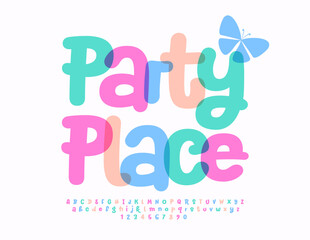 Vector cute template Party Place. Funny watercolor Font. Kids handwritten Alphabet Letters and Numbers set