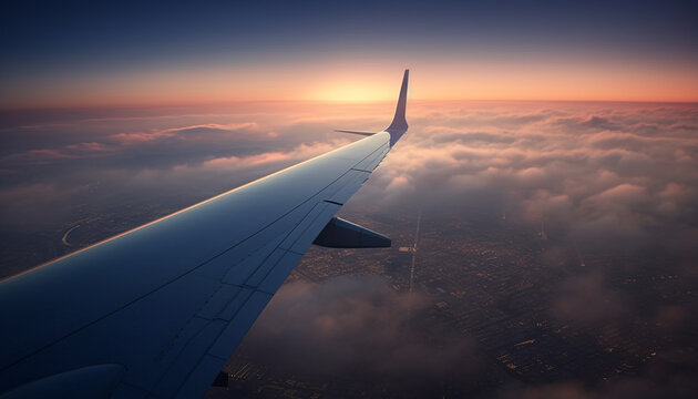 Sunset journey above urban skyline in commercial airplane aerial view generated by AI
