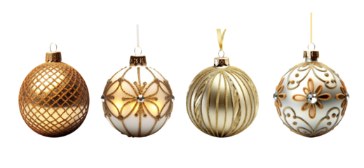 Set of ornaments light balls gold color for decorated Christmas festive isolated on transparent background. Generative Ai