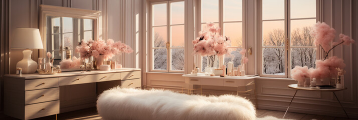 A Glamorous dressing room for a fashionista with a vanity table, glass window, feminine and luxurious space, Designer Delights