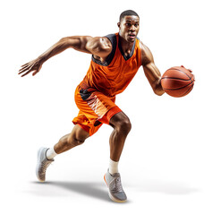 Basketball player with ball isolated on white background. Generated AI image illustration. Sports concept