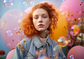 A vibrant girl with fiery locks and dotted cheeks braves the chilly season, surrounded by a burst of colorful bubbles that match her puffy jacket and playful spirit