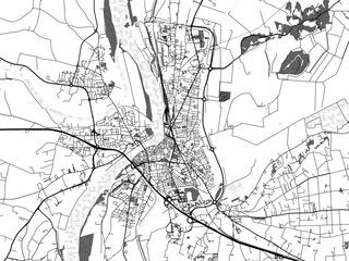 Greyscale vector city map of  Arles in France with with water, fields and parks, and roads on a white background.