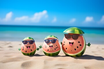 Obraz premium Funny watermelon in stylish sunglasses on the sand. Tropical summer vacation concept.