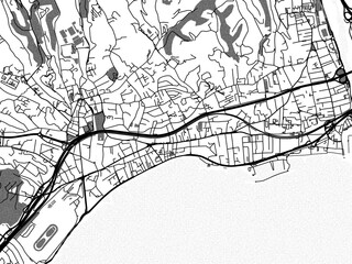 Greyscale vector city map of  Cagnes-sur-Mer in France with with water, fields and parks, and roads on a white background.