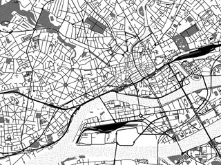 Greyscale vector city map of  Nantes Centre in France with with water, fields and parks, and roads on a white background.