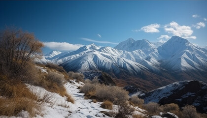 Tranquil winter landscape majestic mountain range, frozen meadow, clear sky generated by AI