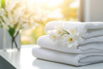 Fototapeta na wymiar Soft, gentle, and clean white towels for a tender, silky-smooth skin. Begin your day again with a focus on cleanliness and refreshment after your morning face wash or bath.