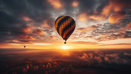Obraz premium Hot air balloon adventure flying high in nature beauty generated by AI