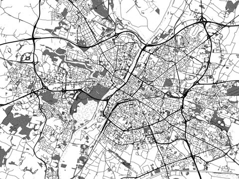 Greyscale vector city map of  Angers in France with with water, fields and parks, and roads on a white background.