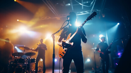 Music group playing concert live on stage with guitarist