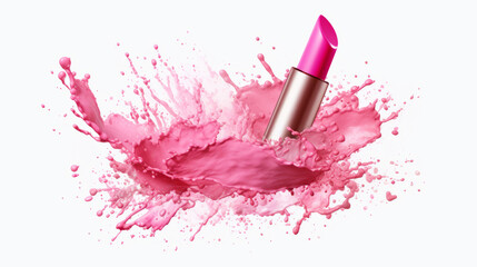 Pink lipstick with pink paint splashes on white background - obrazy, fototapety, plakaty
