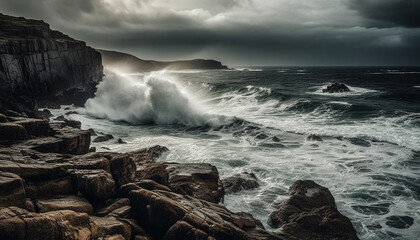 Fototapeta premium Majestic coastline, rough waters crash against cliff, horizon over water generated by AI