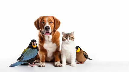 Dog and cat and birds as domestic pet animals on white