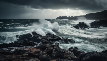 Rough seas crash against dramatic cliff, blurred motion captures beauty generated by AI