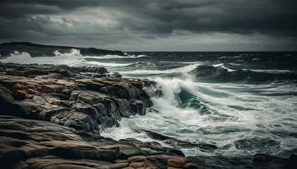 Obraz premium Rough waves crash against dramatic cliff, natural beauty in motion generated by AI