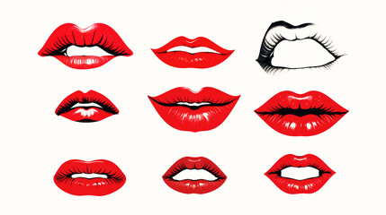 Set of female red lips with lipstick as illustration design elements