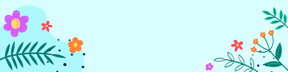 Spring background. Floral card with hand drawn blooming flower and leaves. Banner. Vector illustration