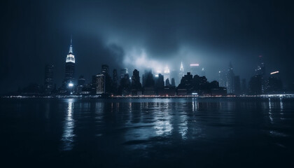 Fototapeta na wymiar Modern city skyline reflects in dark water at dusk twilight generated by AI