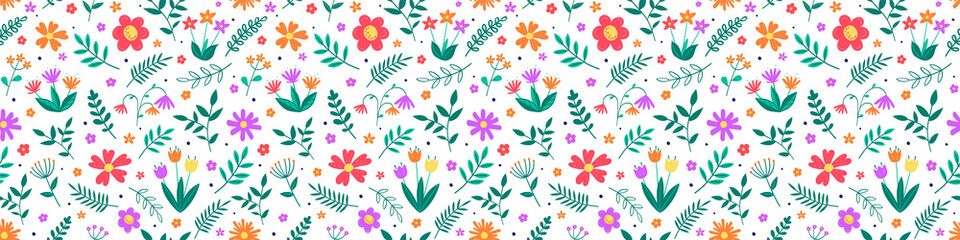 Floral seamless pattern. Transparent spring background with blowing flowers and leaves. Banner. PNG illustration