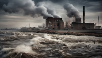 Dirty factory smokestacks pollute nature air and water supply generated by AI - obrazy, fototapety, plakaty