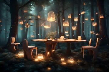 Create a surreal scene with floating tables and chairs in a dreamy, glowing forest