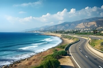 Highway road landscape with ocean view.