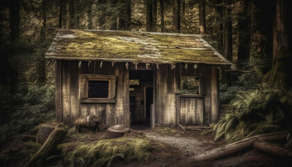 Spooky old hut in abandoned forest, weathered and run down generated by AI