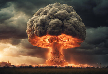 Nuclear bomb explosion during world war,
Nuclear explosion,
Big nuclear explosion with a mushroom cloud and fire in the dark
