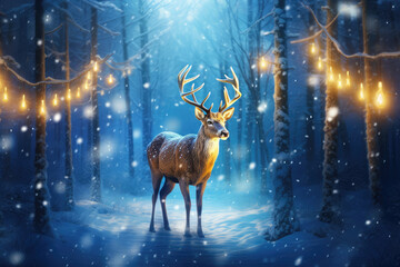 A magic reindeer in glowing lights in a winter scene