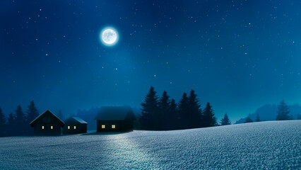 Verschneites Dorf mit bleuchteten Fenstern  in einer Kalten Winternacht - obrazy, fototapety, plakaty