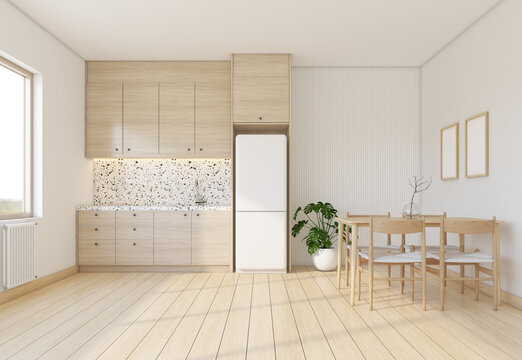 Morning light in Japandi style kitchen room decorated with minimalist kitchen cabinet and terrazzo wall. Dining table and chairs. 3d rendering