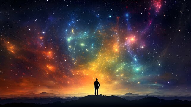 Fototapeta A solitary figure stands against a colorful sky filled with stars and cosmic wonders. Capturing the beauty of the universe and evokes feelings of wonder, exploration, and the infinite possibilities.