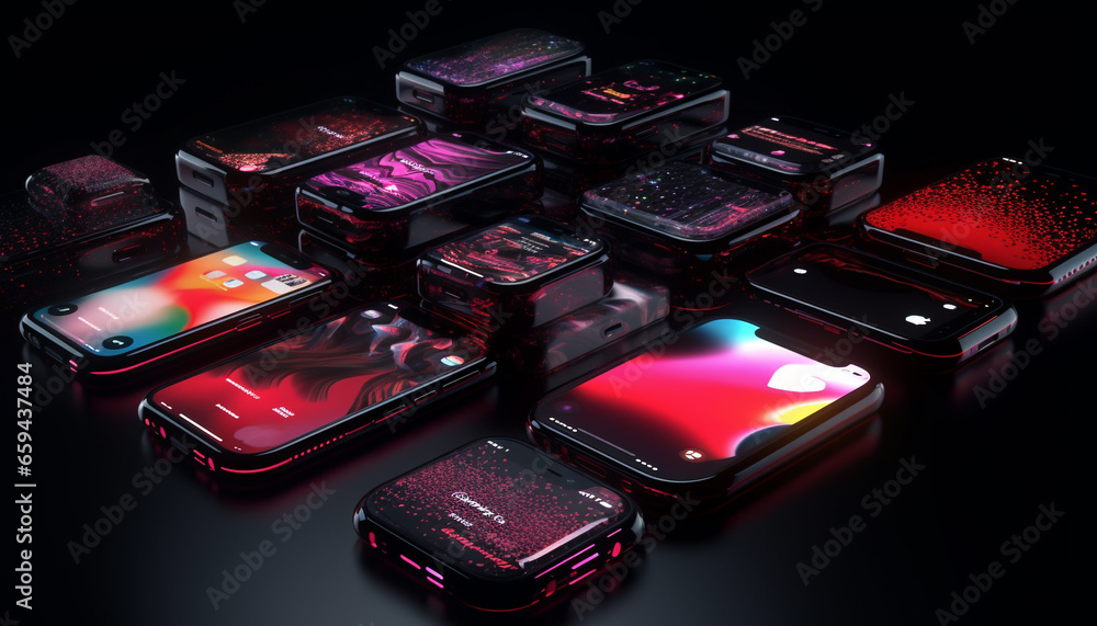 Poster modern technology illuminates vibrant abstract patterns on black background generated by ai