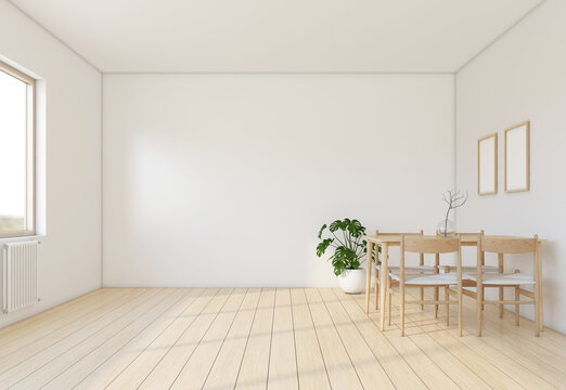 Morning light in Japandi style empty room decorated with minimalist dining table and chairs. There are indoor plant and free space in the room. 3d rendering