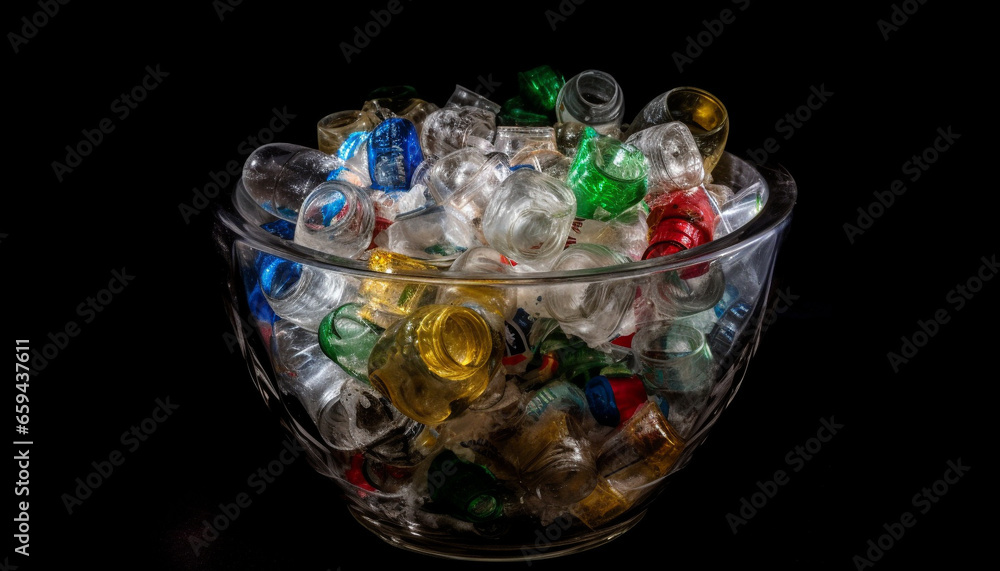 Poster multi colored glass collection on translucent background with reflection and bubbles generated by ai