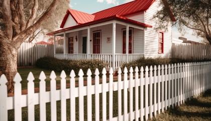 Fototapeta na wymiar Green picket fence frames modern home in rural summer landscape generated by AI
