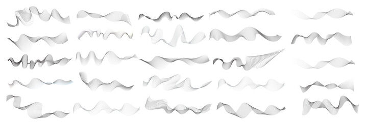 Set of 25 wavy technology curve lines background. Set of Grey wave swirl, twisted curve lines with blend effect. Frequency sound wave lines. Abstract business wave lines. vector illustration