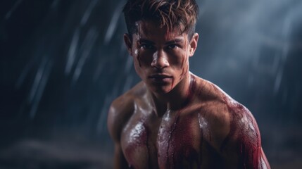 A barechested man with blood on his face gazes into the distance, his muscles taut with determination and his human spirit unbreakable in the face of adversity - obrazy, fototapety, plakaty