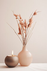 Modern and creative interior decor featuring dried flora and pink accents in a glass vase.