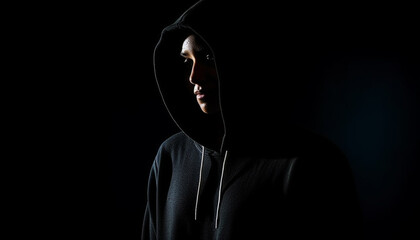 Dark silhouette of a hooded burglar, a mystery in black generated by AI