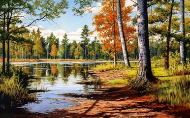 Forest lake on a sunny day in the autumn forest