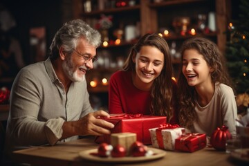 Cute girl with a Christmas gift and parents in the Christmas room at home. AI generative