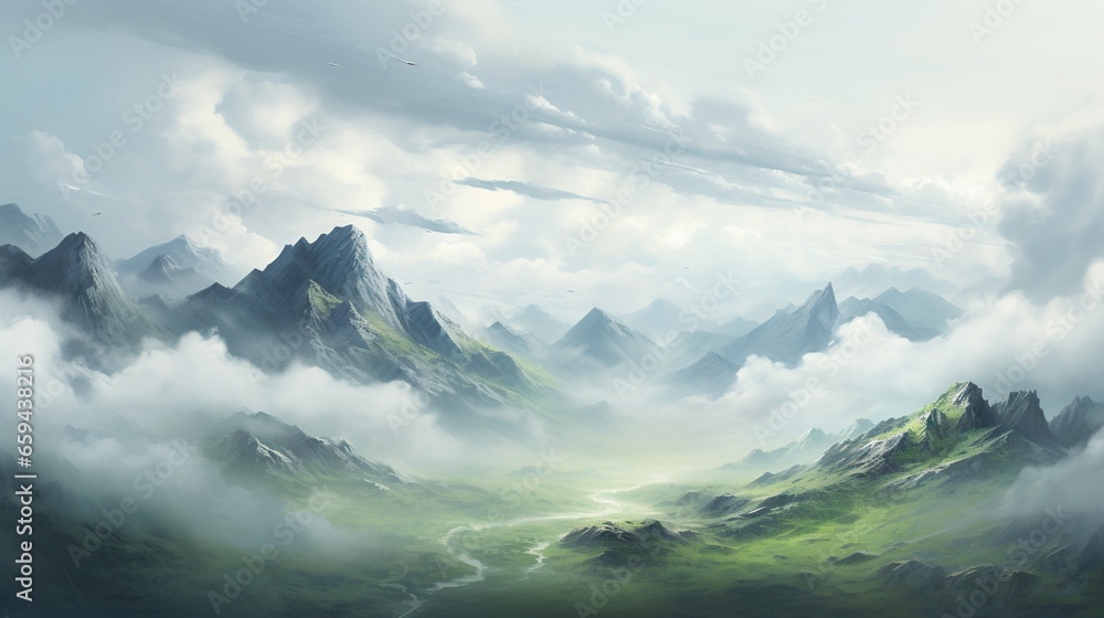 Poster a painting of a mountain range with a river running through it. generative ai
