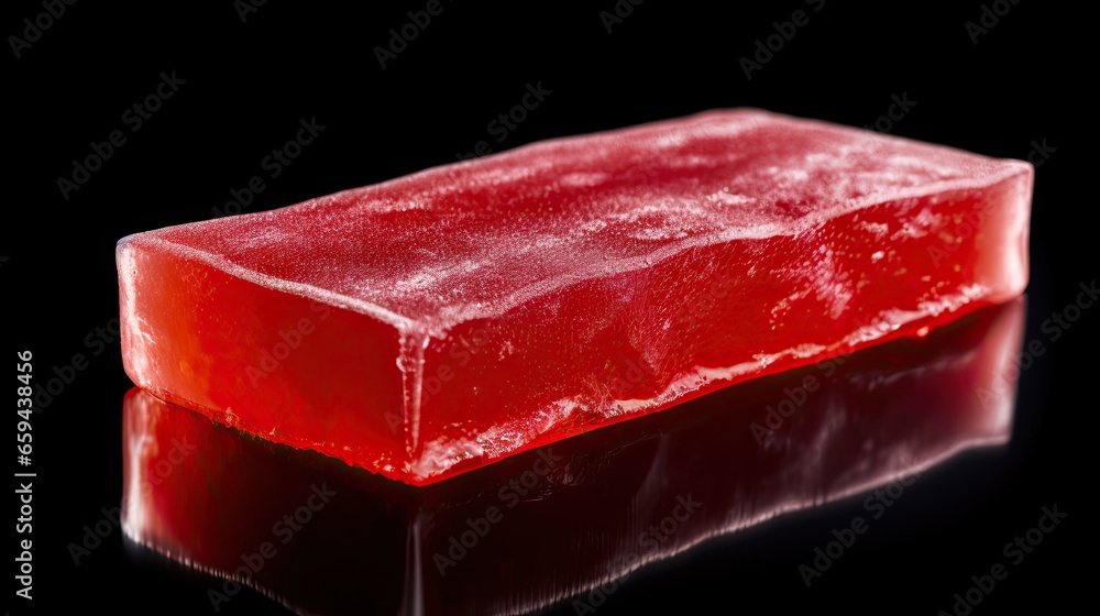 Poster a piece of red soap on a black surface with a reflection. generative ai