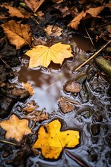 Maple yellowing leaves lick in water and on wet ground after rain. Autumn concept.