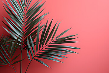Alone green palm leaf, seamless pattern, on pastel red background.