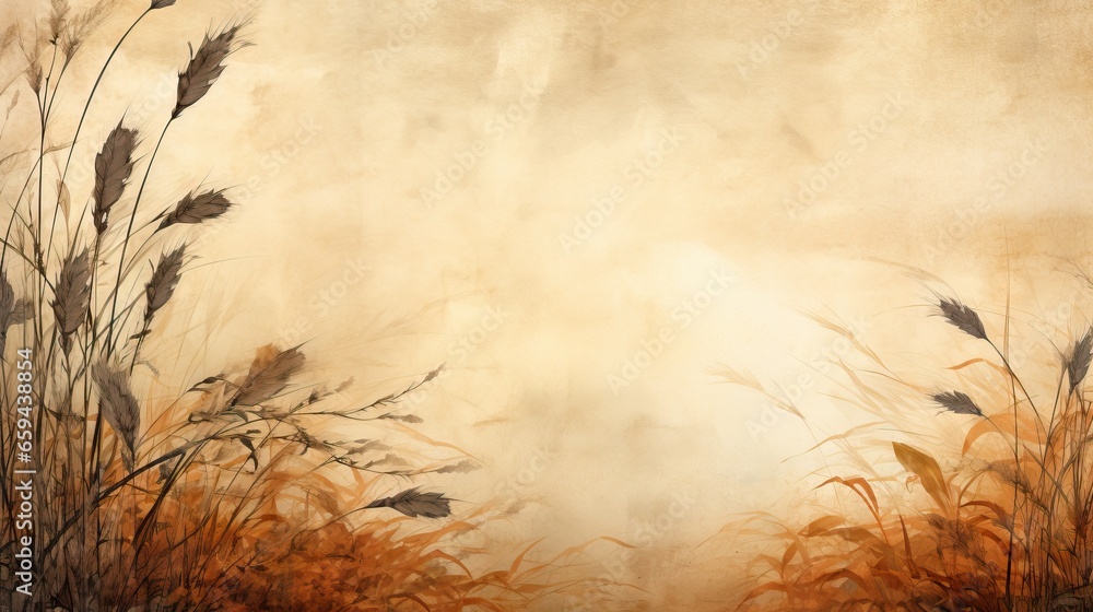 Poster a painting of a field of tall grass with a sky in the background. generative ai