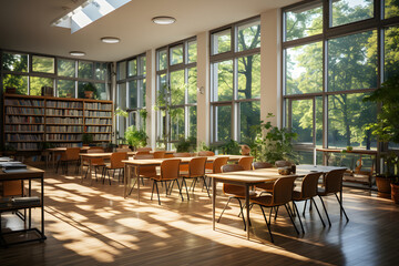 Fototapeta premium Architecture, furniture, empty room with chairs, tables, and large windows. Multi-purpose space for education or meetings.