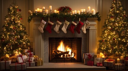Christmas decorated fireplace. Interior living room with Christmas tree and gifts, armchair with blanket and gifts. Warm cozy Xmas concept..